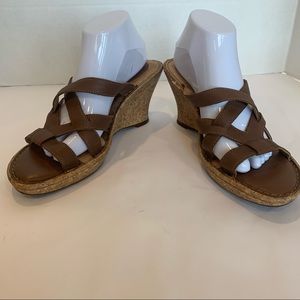 BORN brown/tan size 11 cork/leather wedge sandal